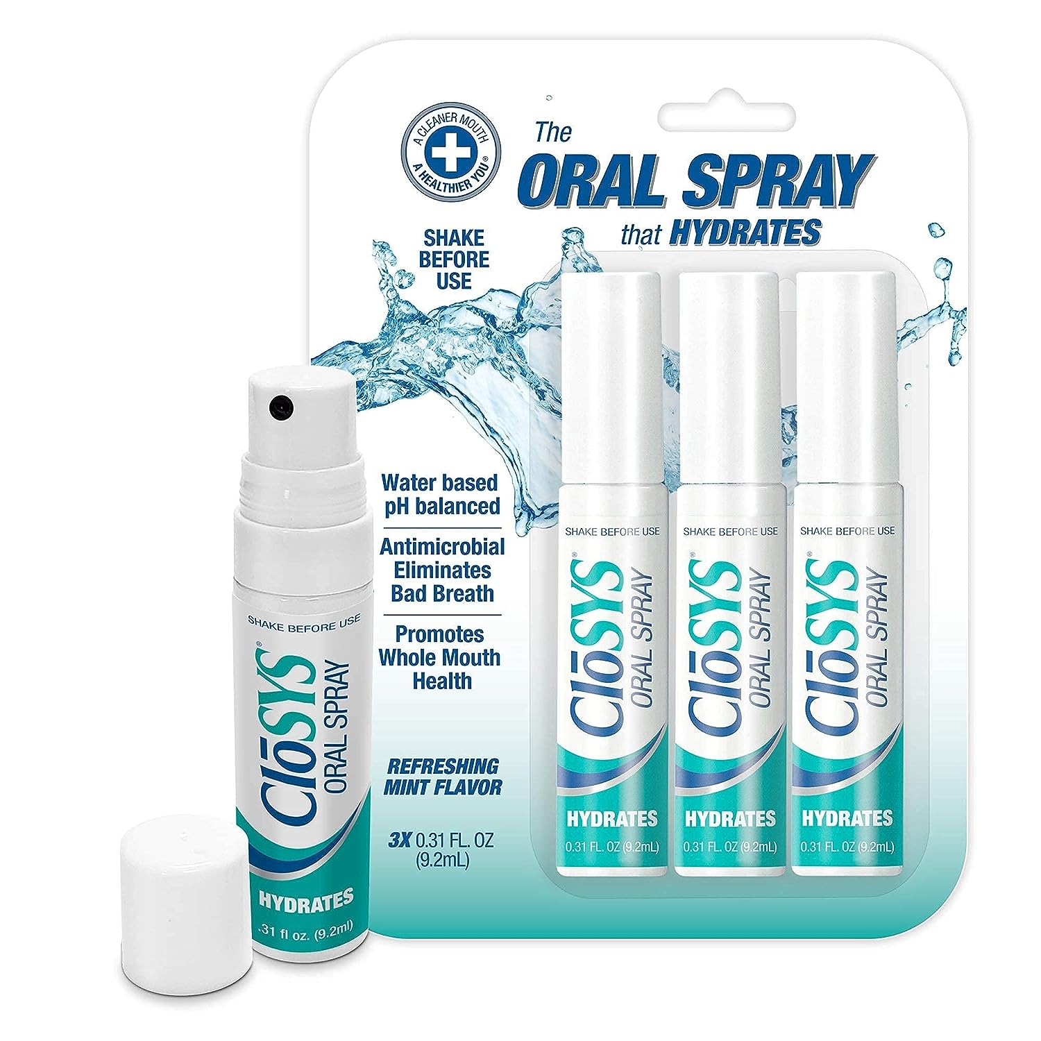 CloSYS Oral Breath Spray, 0.31 Ounce (3 Count), Mint, Sugar Free, pH Balanced, Fights Bad Breath