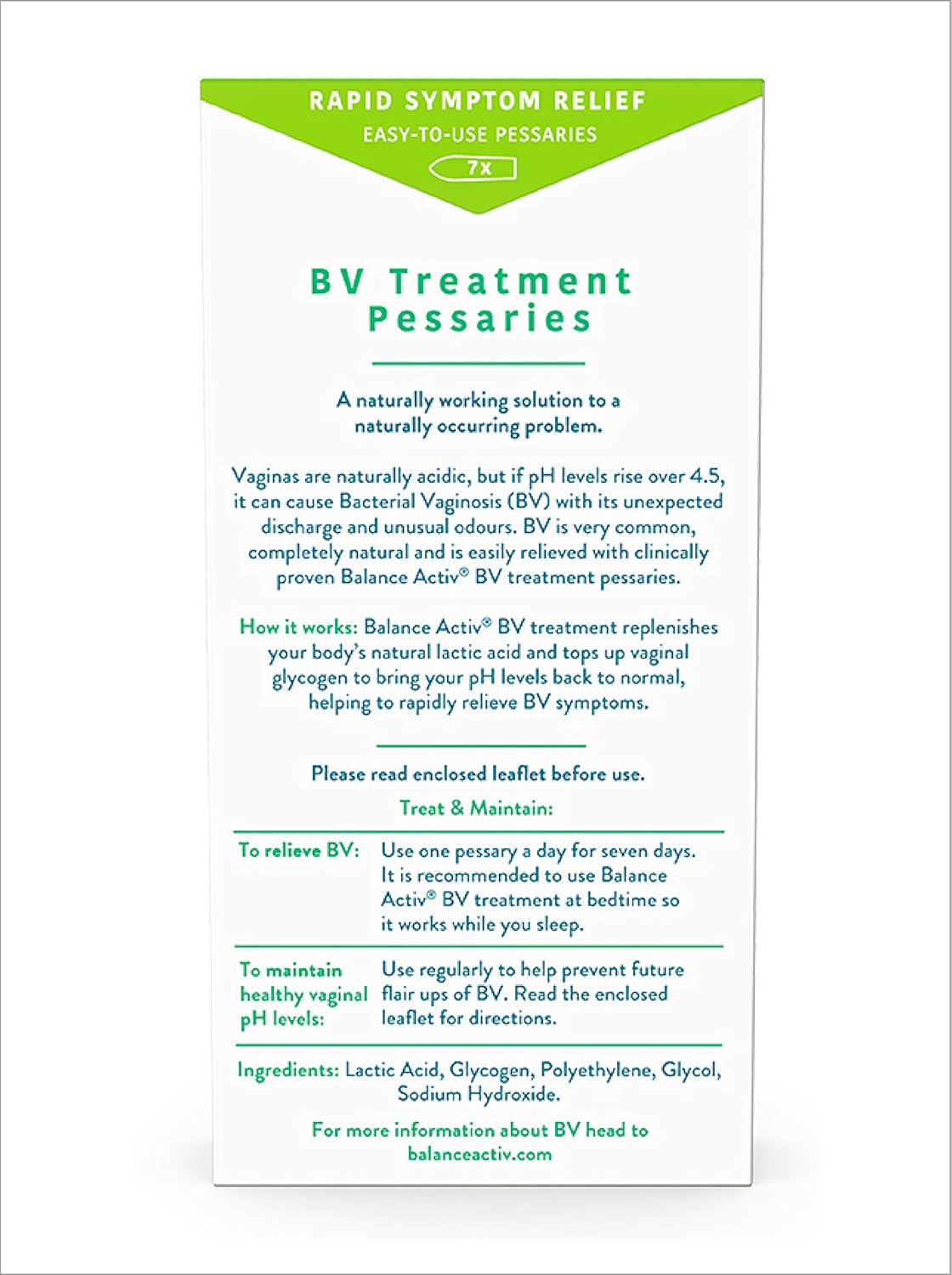 Balance Activ BV Pessaries | Bacterial Vaginosis Treatment for Women | Works Naturally to Rapidly Relieve Symptoms of Unpleasant Odour, Discomfort & Discharge | 1 Pack : Amazon.co.uk: Health & Personal Care