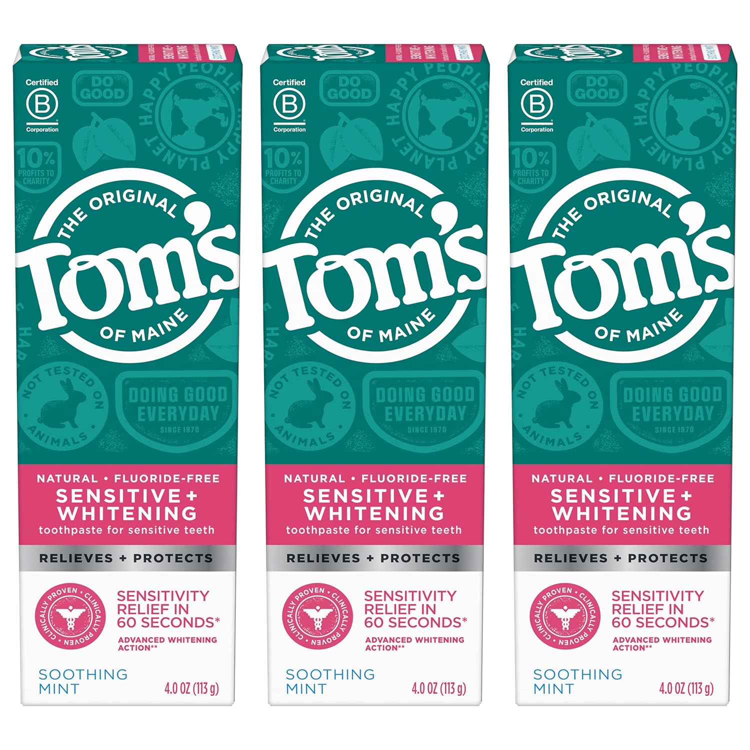 Tom's of Maine Sensitive + Whitening Fluoride Free Toothpaste,Soothing Mint 4.0 oz 3-Pack