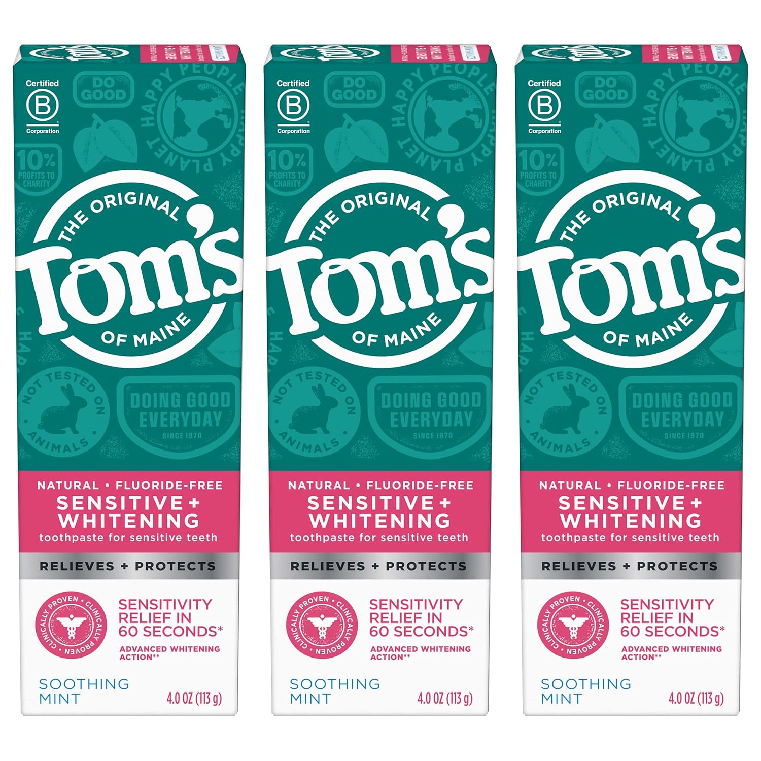 Tom'S Of Maine Sensitive + Whitening Fluoride Free Toothpaste,Soothing Mint 4.0 Oz 3-Pack