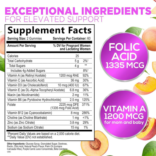Prenatal Gummy with Folic Acid, Prenatal Vitamins and Minerals for Fetal Support, Vitamin A, C, D3, B12, B6 & Folate, Prenatal Multivitamin for Pregnant & Nursing Women