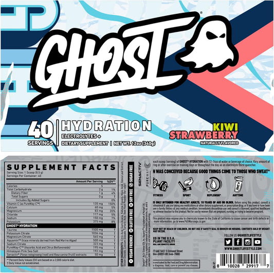 Ghost Hydration, Kiwi Strawberry, 40 Serv, Electrolyte Powder - Drink Mix Supplement With Magnesium, Potassium, Calcium, Vitamin C & Taurine For Energy & Endurance - Vegan, Free Of Soy, Sugar & Gluten