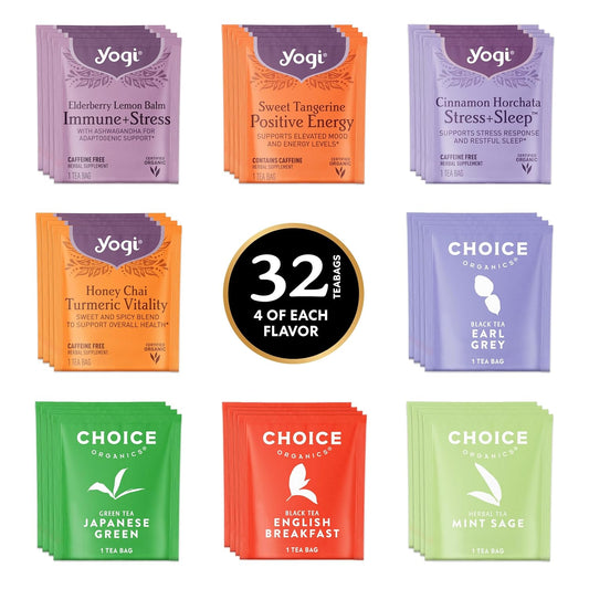 Yogi Tea & Choice Organics Tea Sampler Box - 4 Yogi Tea Flavors & 4 Choice Organics Flavors (32 Tea Bags) - Assorted Delicious Teas - Tea Gift Set & Variety Pack Sampler