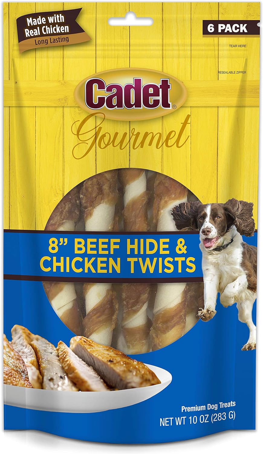 Cadet Gourmet Beef Hide & Chicken Twists Dog Treats - Healthy & Natural Rawhide & Chicken Dog Treats for Small & Large Dogs - Inspected & Tested in USA, 8 In. (6 Count)