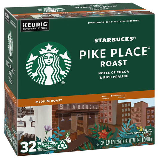 Starbucks Coffee K-Cup Pods, Pike Place Roast, Medium Roast Coffee, Notes of Cocoa & Rich Praline, Keurig Genuine K-Cup Pods, 32 CT K-Cups/Box (Pack of 1 Box)