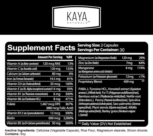 Kaya Naturals Hair Skin Nail Capsules Biotin Vitamin D Vitamin B-12 A Folic Acid Support, Hair Support Vitamin Supplement