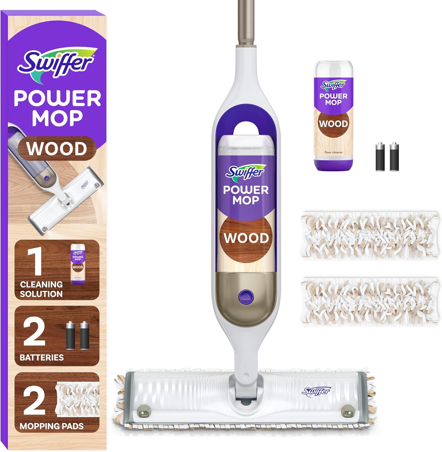 Swiffer Powermop Wood Mop Kit For Wood Floor Cleaning, Quickdry Solution With Lemon Scent, Mopping Kit Includes Powermop Wood, 2 Mopping Pad Refills