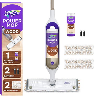 Swiffer Powermop Wood Mop Kit For Wood Floor Cleaning, Quickdry Solution With Lemon Scent, Mopping Kit Includes Powermop Wood, 2 Mopping Pad Refills