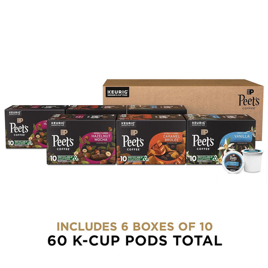 Peet's Coffee, Flavored Coffee K-Cup Pods for Keurig Brewers - Coffee Pods Variety Pack, Vanilla, Hazelnut Mocha, Caramel Brûlée, 60 Count (6 Boxes of 10 K-Cup Pods)
