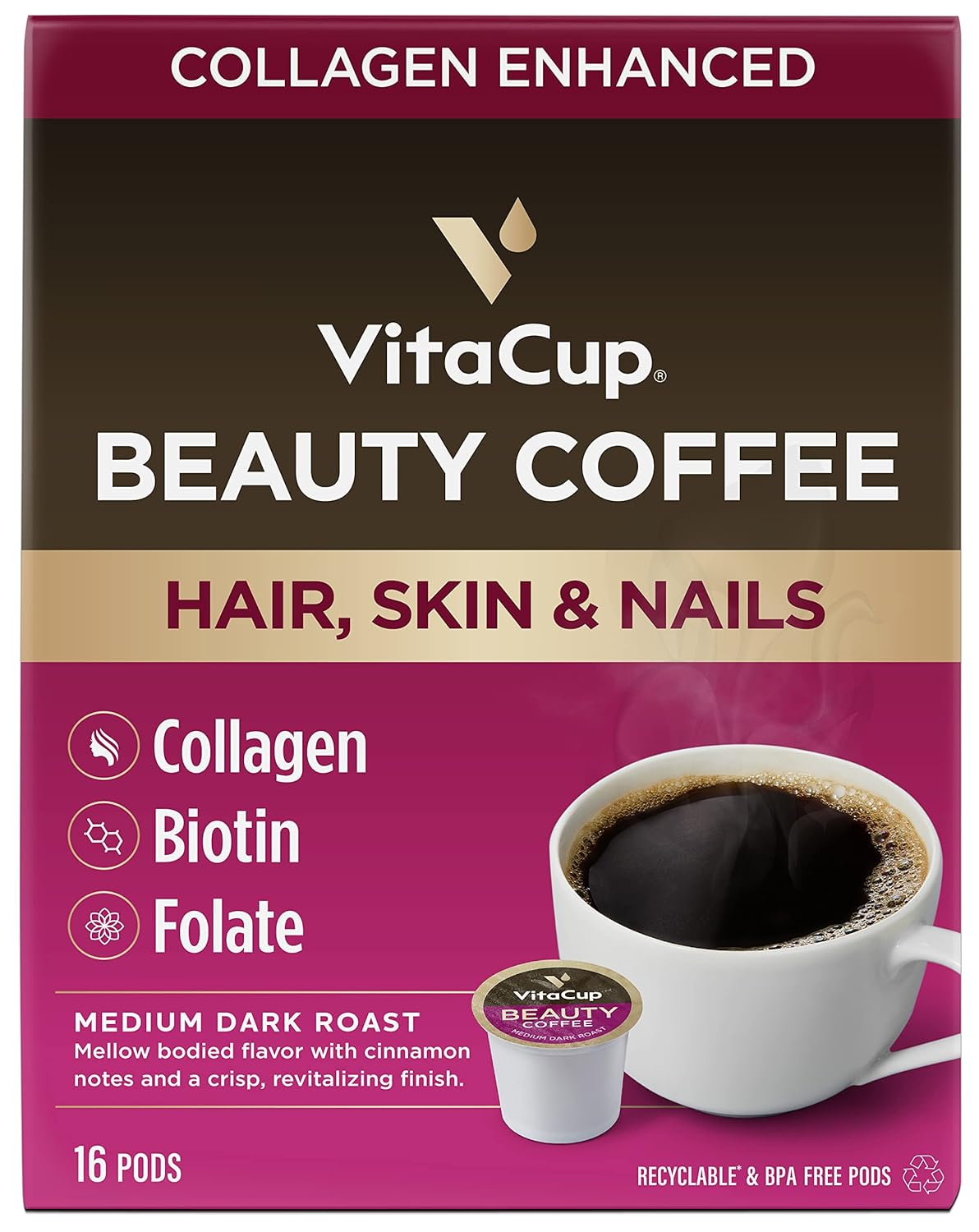 Vitacup Beauty Collagen Coffee Pods For Hair, Skin & Nails, With Biotin & Folate, Medium Dark Roast, Keto Friendly, Recyclable Single Serve Pod Compatible With Keurig K-Cup Brewers,16 Ct