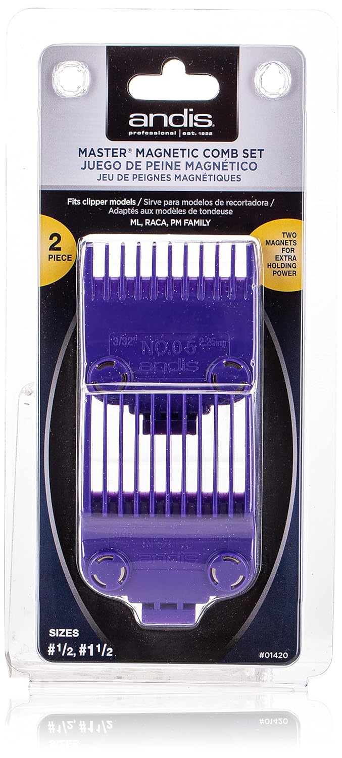 Andis 01420 Master Clipper Magnetic Comb Set - Crafted for Long-Lasting Performance - Dual Pack Sizes 0.5 & 1.5 and Fit with ML Models – Purple