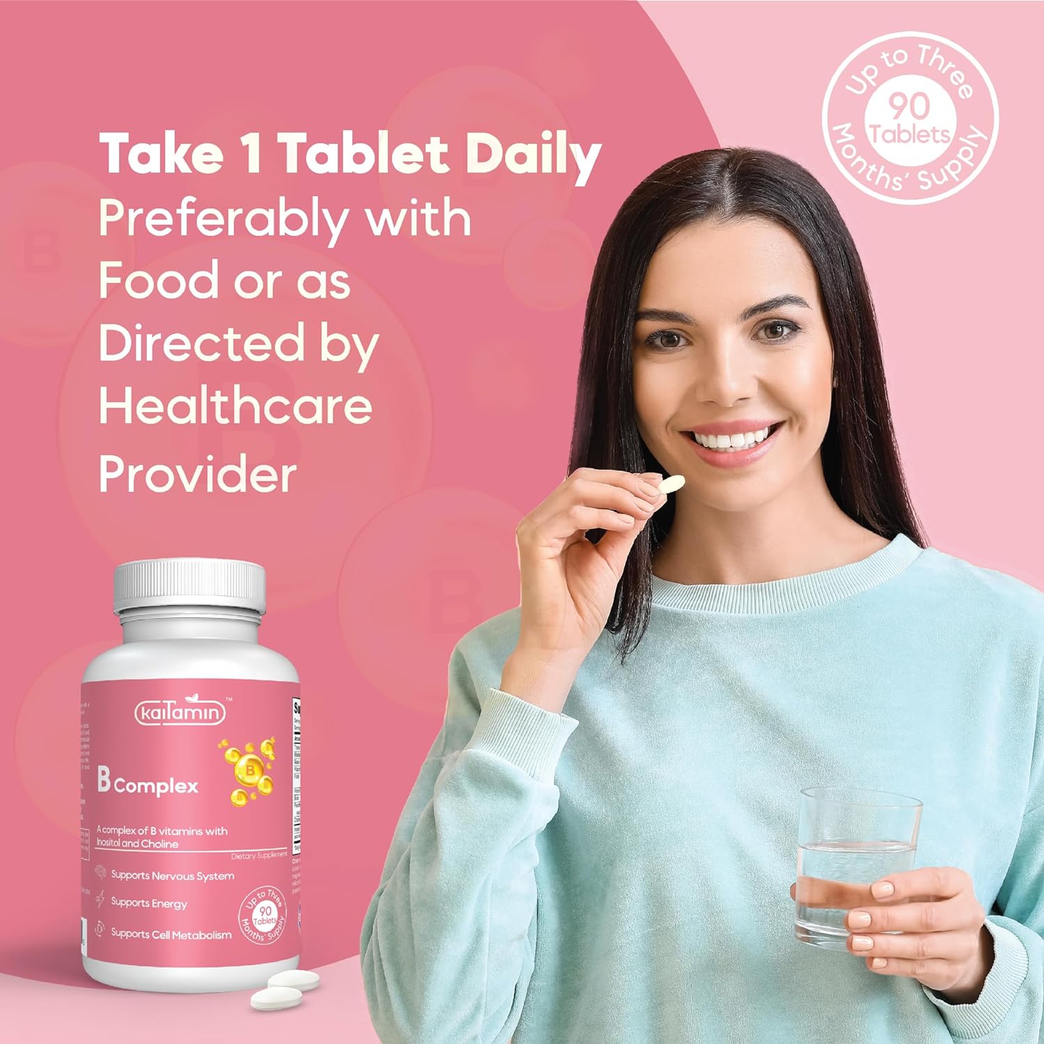 Kaitamin B Complex Vitamins for Women - One Tablet Per Day with Inositol and Choline | Supports PCOS, Energy, Metabolism, Memory, Mood - Genetic Expression, Hormone Production - 3 Months' Supply : Health & Household