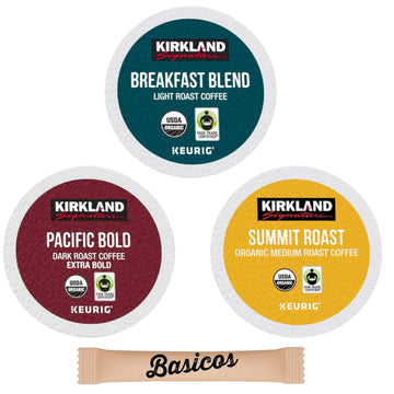 Kirkland Signature Coffee K Cups, Organic Variety Pack with Breakfast Blend, Pacific Bold and Summit Roast Coffee Pods. Total 24 Pods for Keurig Brewers. Plus 4 Basicos Sugar Packets. Gift for Coffee Lovers, Women, Men, Friends, Family