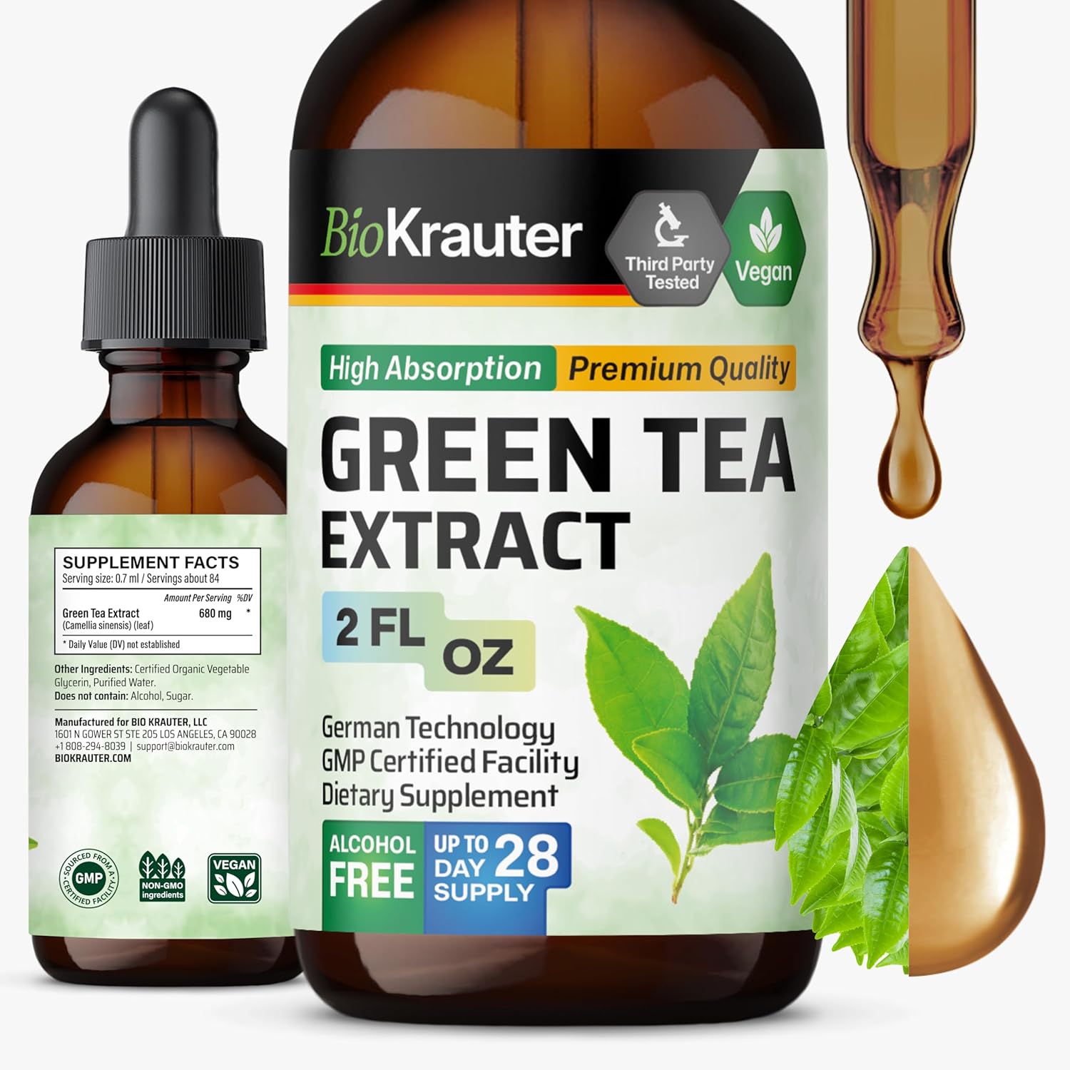 Bio Krauter Green Tea Extract Liquid Drops - Green Tea Supplements - Antioxidant Source - Alcohol And Sugar Free - 2 Fl.Oz