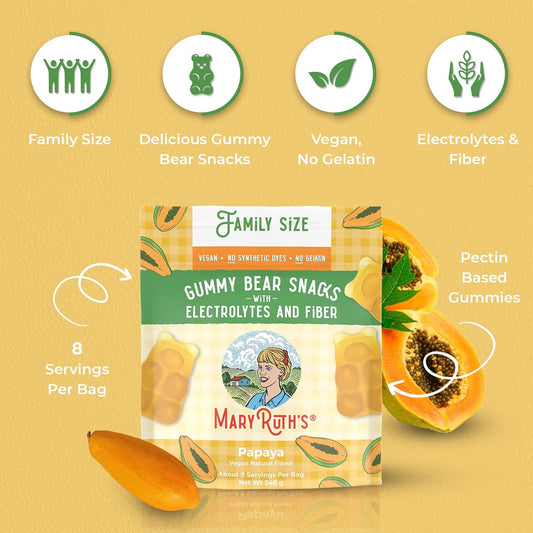 MaryRuth's Sugar Candy Gummy Bears Snacks | Delicious with Electrolytes and Fiber | Made with Cane Sugar | Papaya | Vegan | Gluten Free | Non-GMO | Family Size | 240 Grams | 0.52 Pounds | 8 Pieces