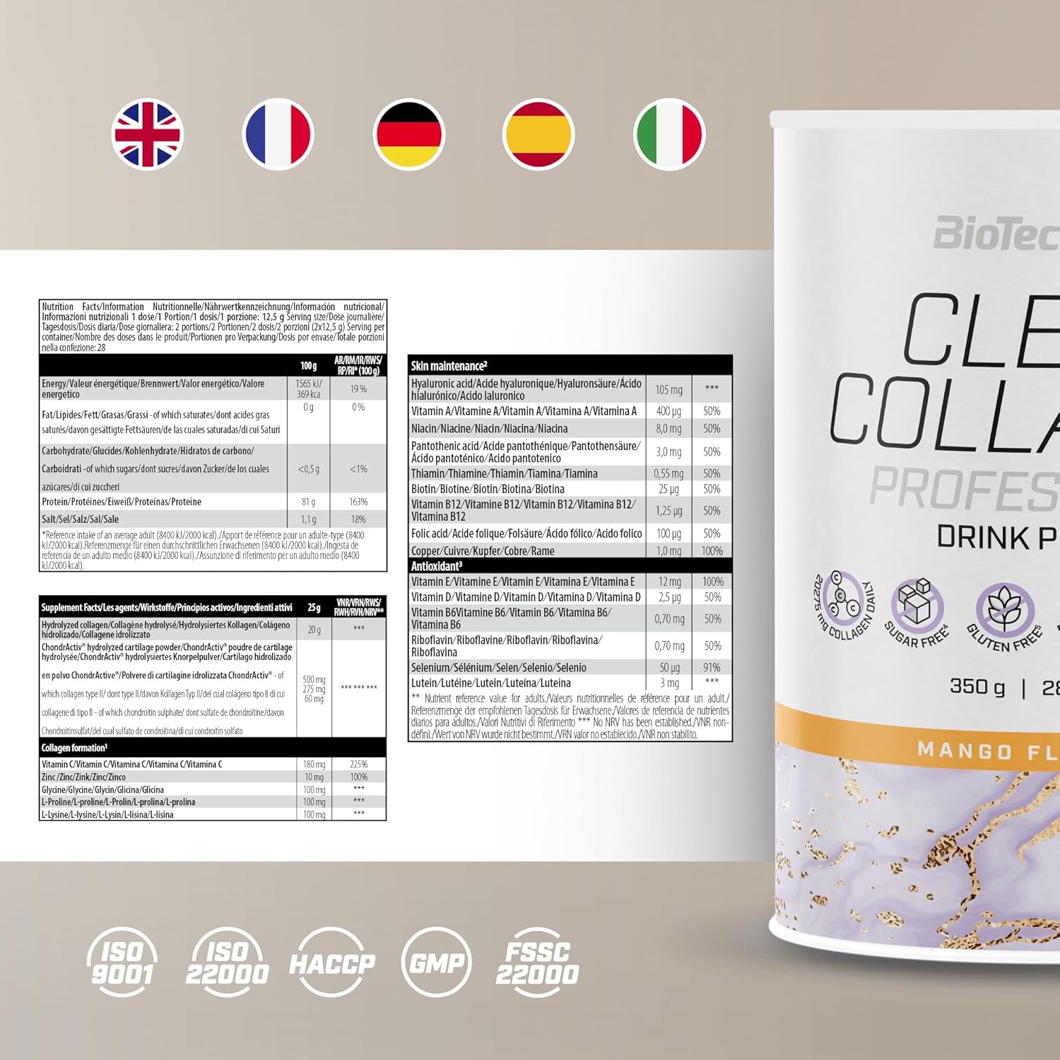 BioTechUSA Clear Collagen Professional, Flavoured Drink Powder containing hydrolysed Collagen, hyaluronic Acid, Amino acids, Vitamins, Minerals, 350 g, Rose & Pomegranate : Amazon.co.uk: Health & Personal Care