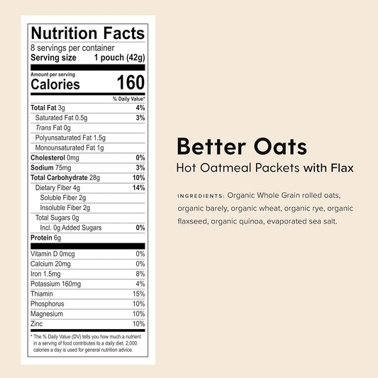 Better Oats Organic Instant Multigrain Hot Cereal with Flax - Kosher Pareve, 11.8 oz (4 pack of 8 Pouches)