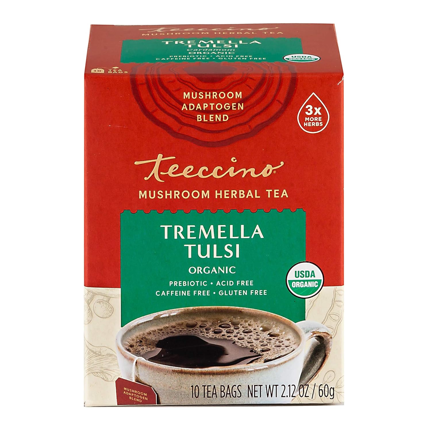 Teeccino Tremella Tulsi Tea - Cardamom - Organic Mushroom Adaptogenic Herbal Tea, 3X More Herbs Than Regular Tea Bags, Gluten Free, Prebiotic, Caffeine Free - 10 Tea Bags