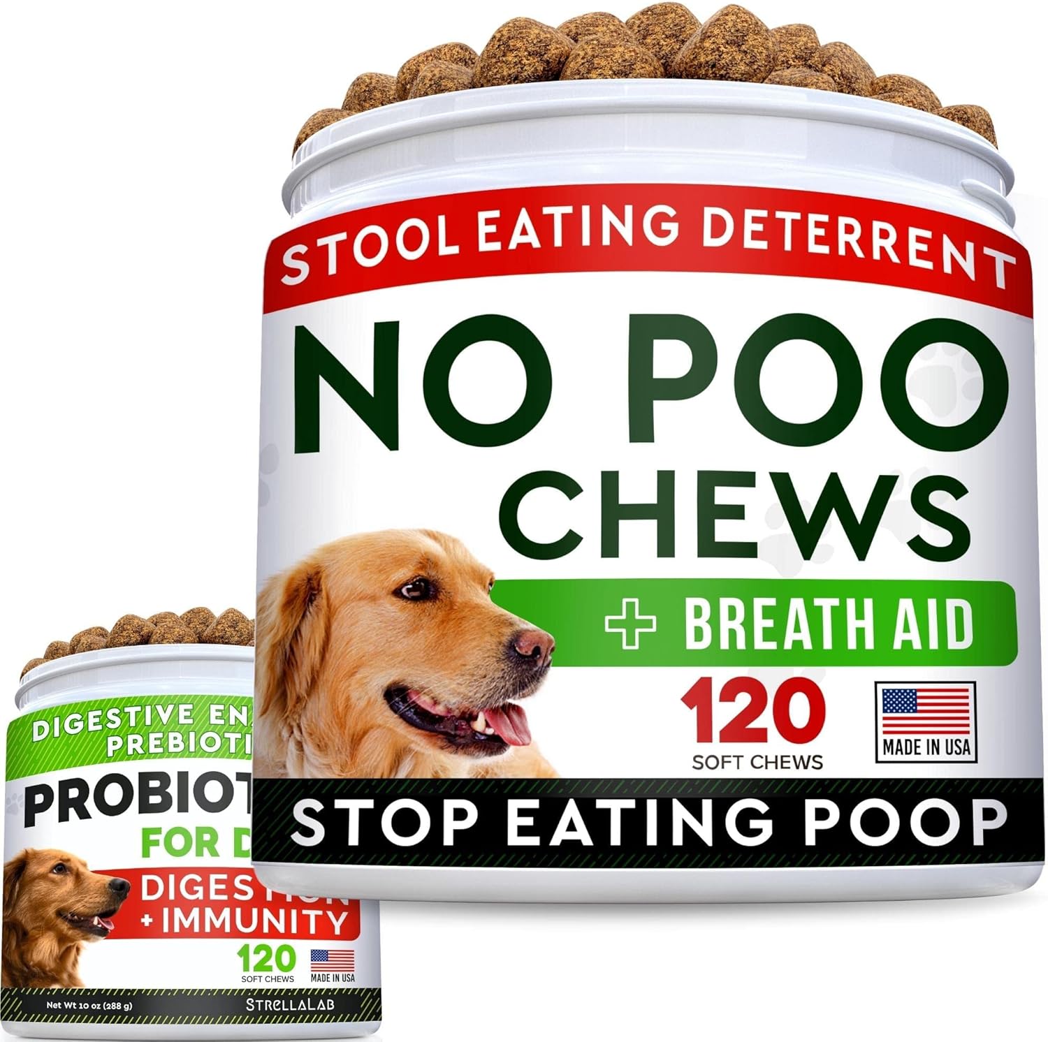 No Poo Treats + Dog Probiotics For Picky Eaters Bundle - No Poop Eating For Dogs + Chewable Fiber Supplement - Digestive Enzymes + Prebiotics - Coprophagia Stool Eating Deterrent + Improve Immunity