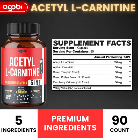 Acetyl L-Carnitine Supplement - 2600Mg 3 Months - Blended With Alpha Lipoic Acid, Green Tea, Green Coffee Bean & Raspberry Ketones - Memory & Brain Health Support, Non-Gmo - 90 Vegan Capsules