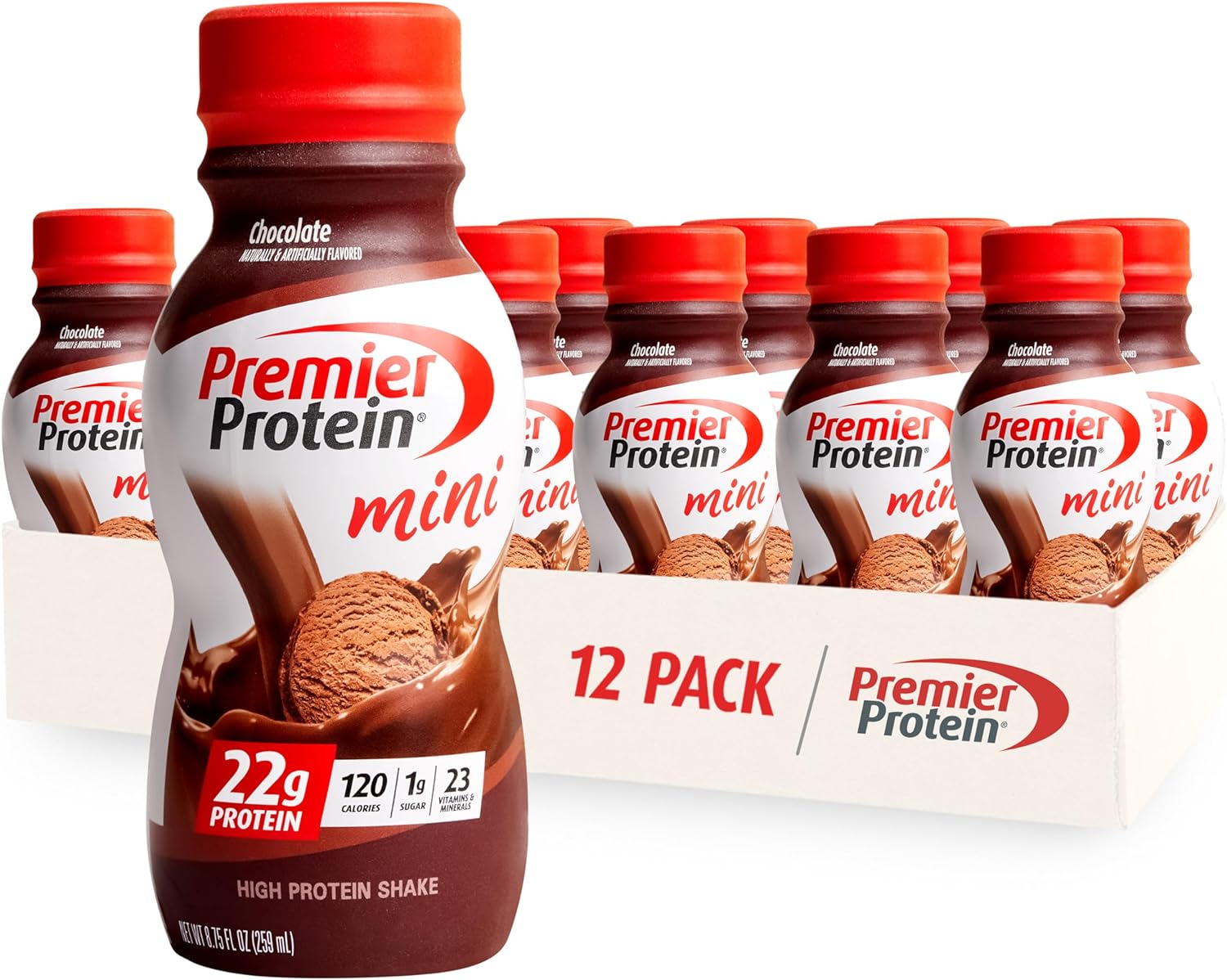 Premier Protein Shake Minis, Chocolate, 22G Protein, 120 Calories, 1G Sugar, 8.75Fl Oz, Pack Of 12