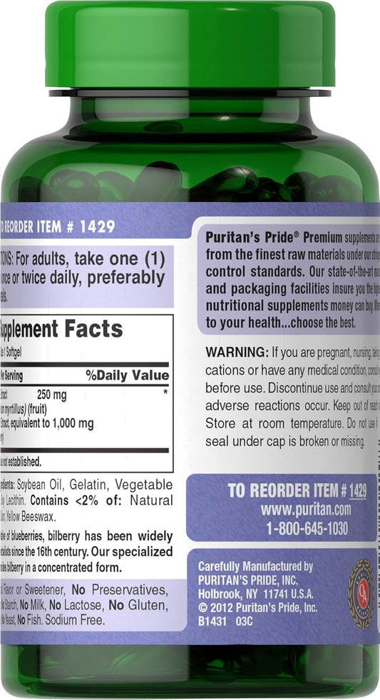 Puritan'S Pride Bilberry Extract, Contains Antioxidant Properties*, 1000Mg Equivalent, 180 Rapid Release Softgels (Packaging May Vary)