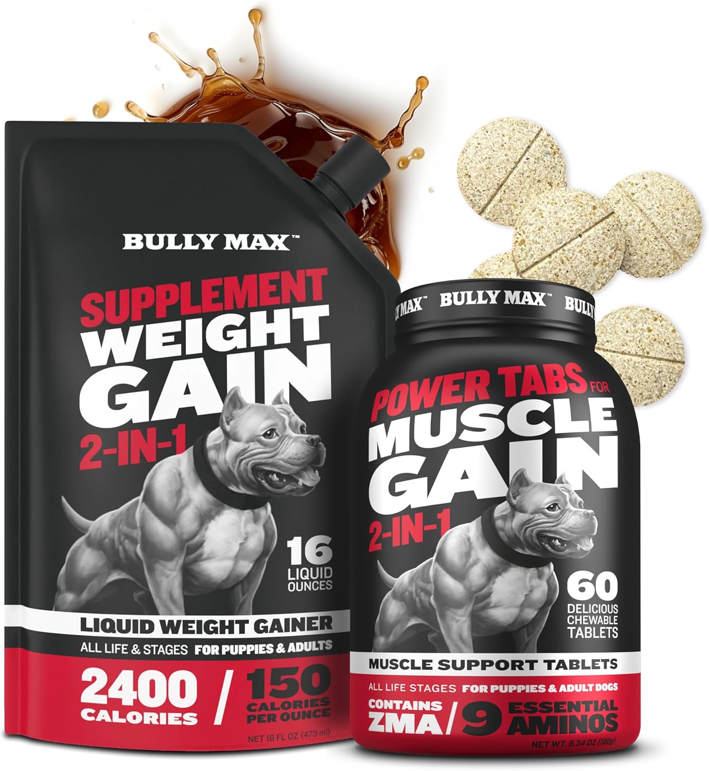 Bully Max 2-In-1 Muscle Builder Chewable Tablets (60 Ct) & High Calorie Liquid Supplement Weight Gainer (16 Oz.) Bundle For Puppy & Adult Dogs - Dog Supplements For Weight Gain & Muscle Growth