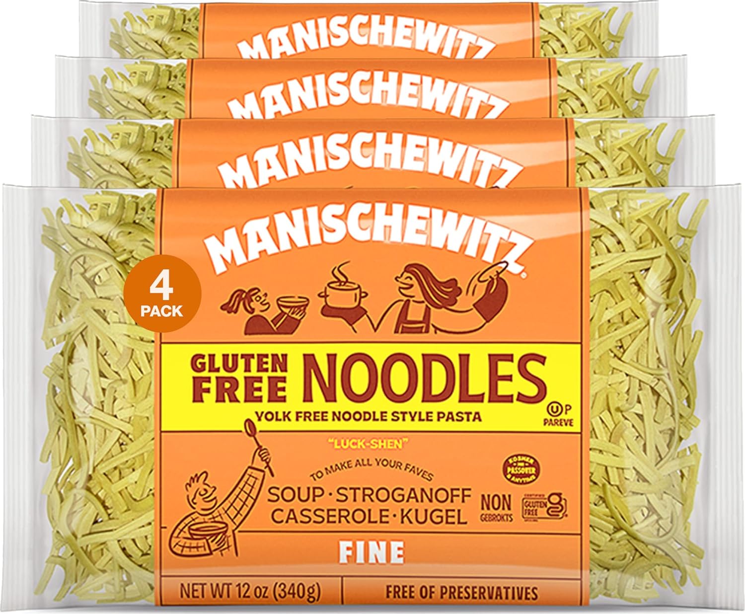 Manishewitz Gluten Free Fine Noodles 12oz (4 Pack) All Natural, Yolk Free, Low Sodium, Kosher for Passover and Year Round