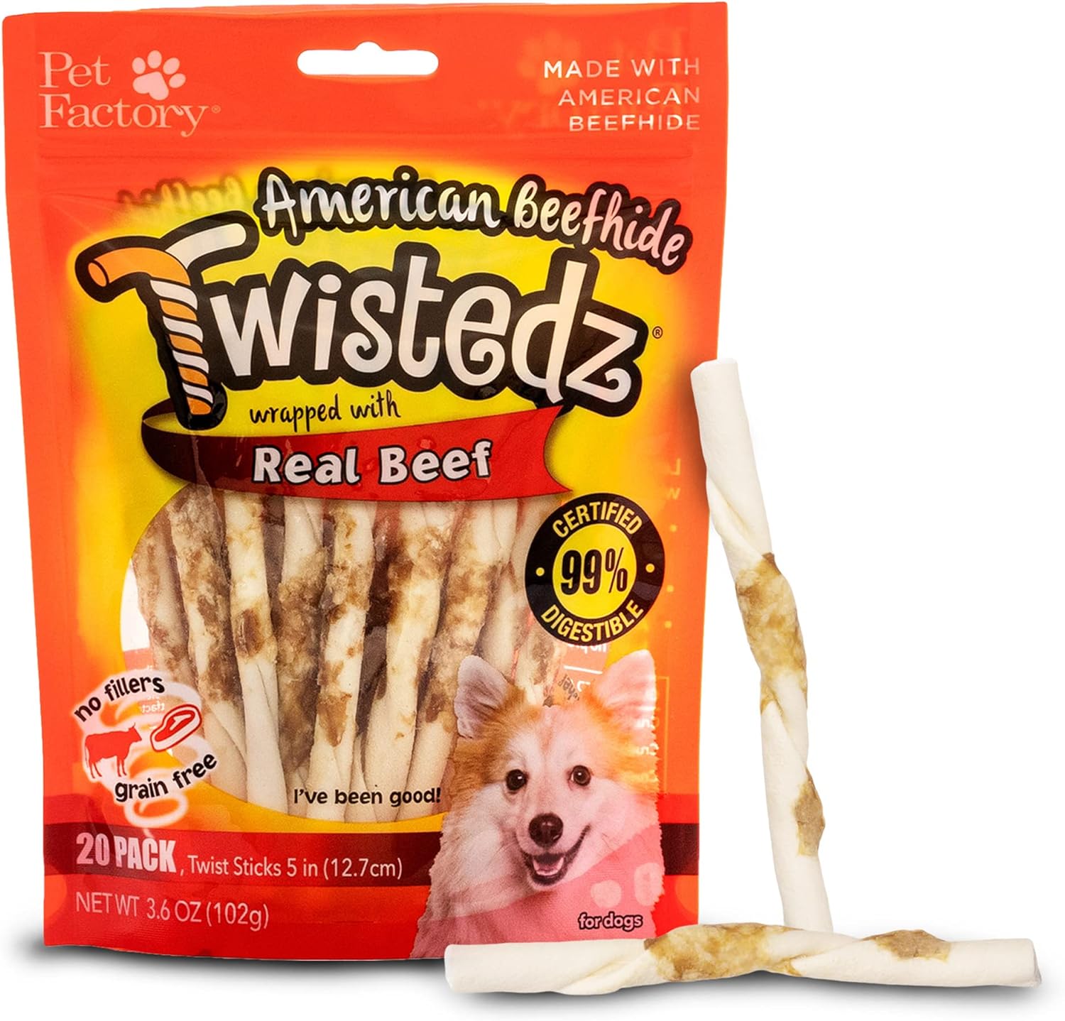 Pet Factory Twistedz American Beefhide 5" Twist Sticks Dog Chew Treats W/ Real Beef Meat Wrap - 20 Count/1 Pack
