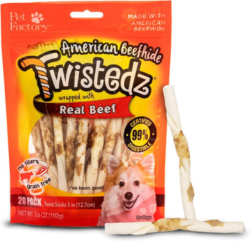 Pet Factory Twistedz American Beefhide 5" Twist Sticks Dog Chew Treats W/ Real Beef Meat Wrap - 20 Count/1 Pack