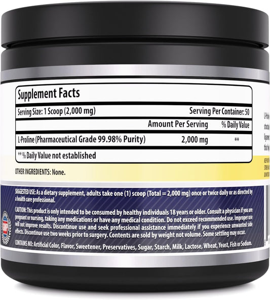 Amazing Formulas L Proline Powder Dietary Supplement - 100 Grams jar – 2000mg per Serving (Approx. 50 Servings per Container) - Promotes Healthy Joints, Bones