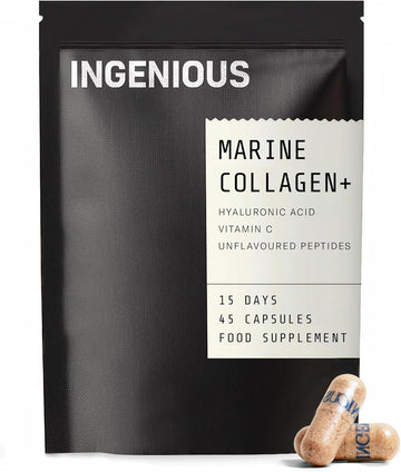 Ingenious Beauty Marine Collagen Capsules Clinically Proven – Hydrolysed Collagen Peptides Hyaluronic Acid Supplement - Reduce Fine Lines & Wrinkles – Natural Astaxanthin - 15 Day Supply