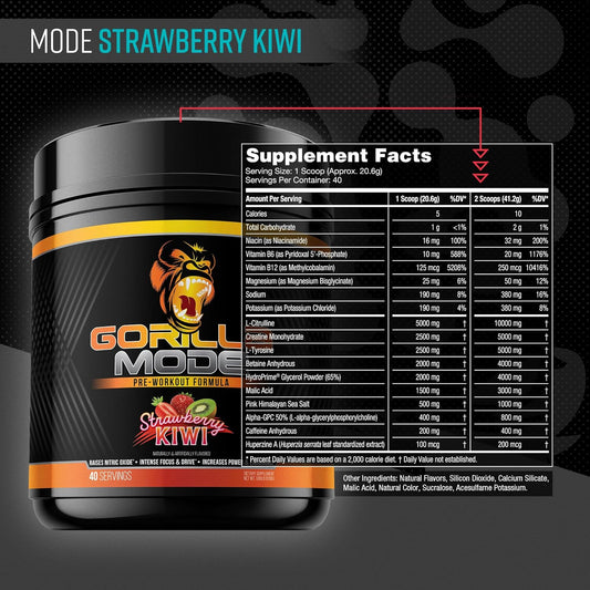 Gorilla Mode Pre Workout - Massive Pumps · Laser Focus · Energy · Power - L-Citrulline, Creatine, L-Tyrosine, Betaine, Hydroprime®, Alpha-Gpc, 400Mg Caffeine, Huperzine A - 836G (Volcano Burst)