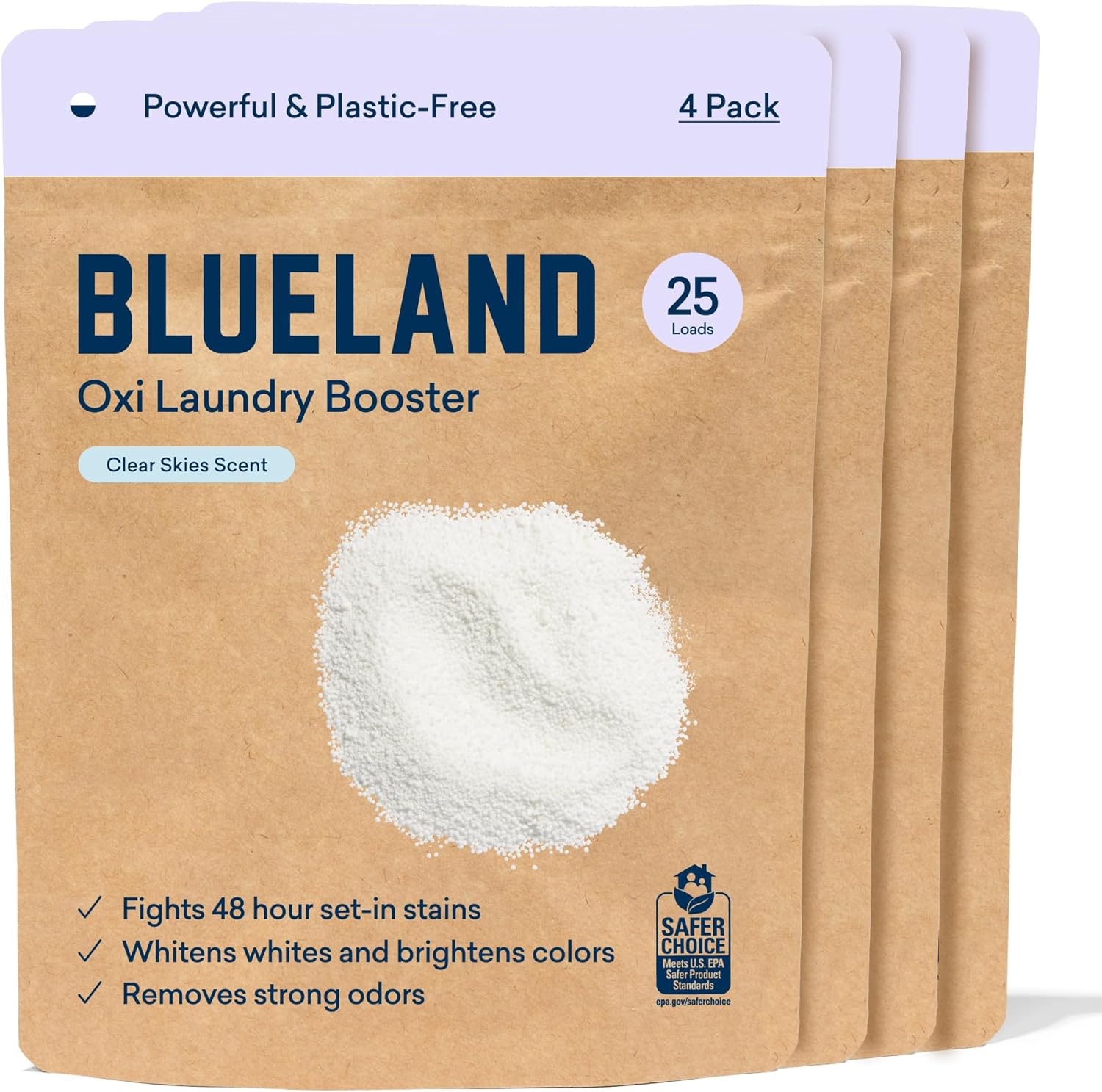 BLUELAND Oxi Laundry Booster Powder Refill 4 Pack - Plastic-Free & Eco Friendly Oxy Cleaner - Plant Based Stain Remover - Clear Skies Scented - 70.4oz, 100 Loads
