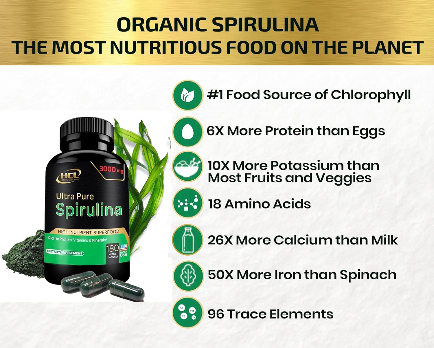 Organic Spirulina Powder Capsules 3000 mg - Purest Non-Irradiated Blue Green Algae - Best Raw Vegan Protein - Green Superfood - Natural Multivitamins – 180 Pills Made in The USA : Health & Household