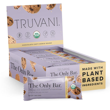 Truvani Plant Based Snack Bars | 5G Protein | 12 Pack Chocolate Chip Cookie Dough | Organic | Vegan | The Only Bar | Dairy, Soy, And Gluten Free | Individually Wrapped