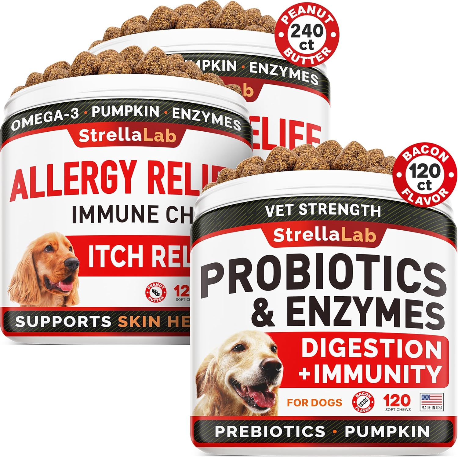 Allergy Relief 2 Packs 240 Ct + Vet Strength Probiotics - 120Ct Dogs Bundle - Dog Itchy Skin Treatment - Omega3 & Pumpkin + Digestive Enzymes + Prebiotics - Diarrhea, Gas, Constipation - Made In Usa