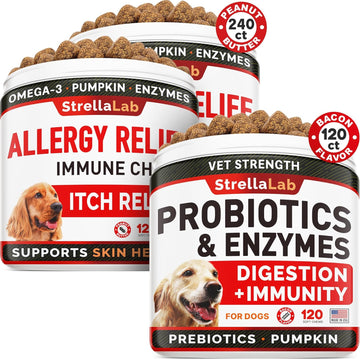 Allergy Relief 2 Packs 240 Ct + Vet Strength Probiotics - 120Ct Dogs Bundle - Dog Itchy Skin Treatment - Omega3 & Pumpkin + Digestive Enzymes + Prebiotics - Diarrhea, Gas, Constipation - Made In Usa