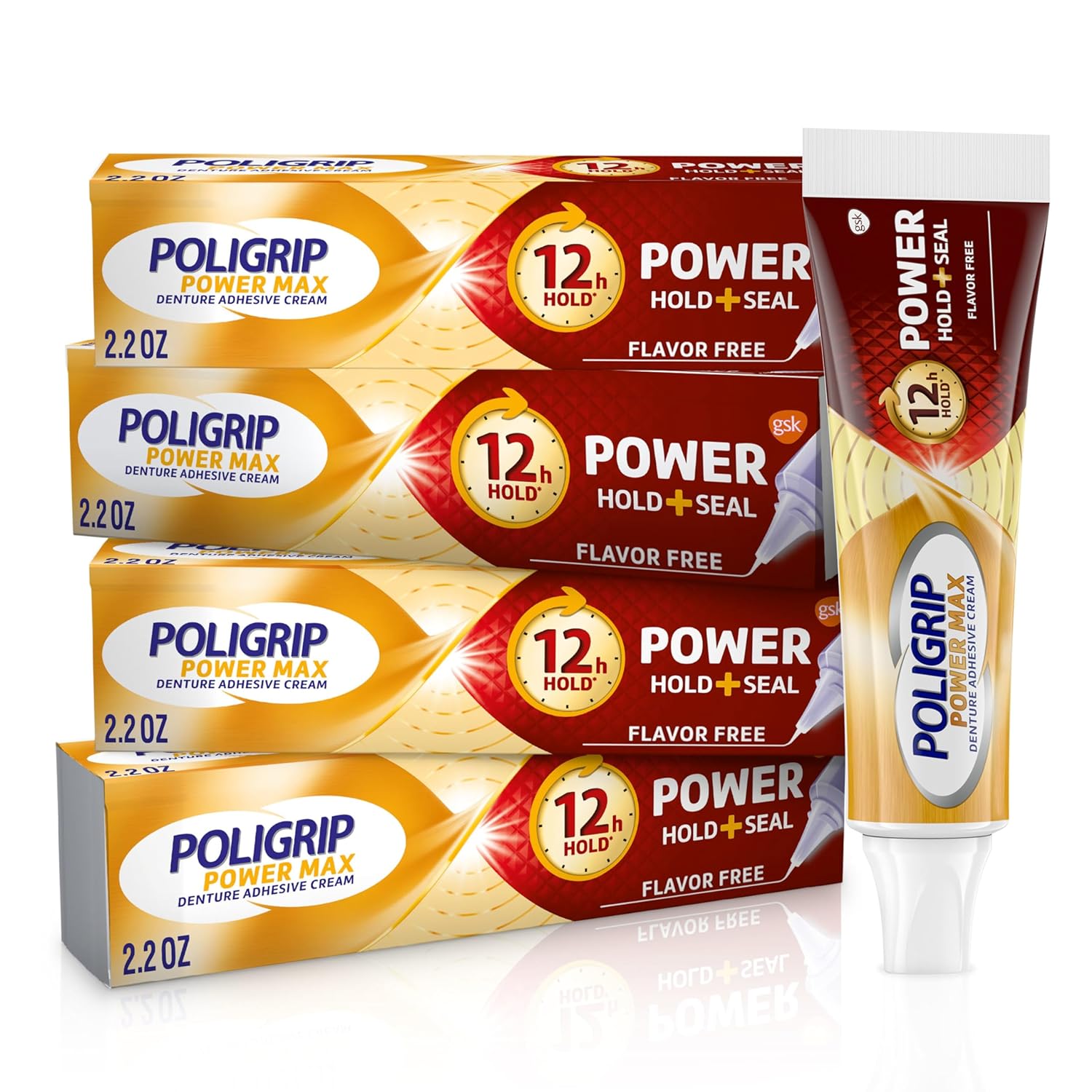 Super Poligrip Power Max Power Hold Plus Seal Denture Adhesive Cream, Denture Cream For Secure Hold And Food Seal, Flavor Free - 2.2 Oz (Pack Of 4)