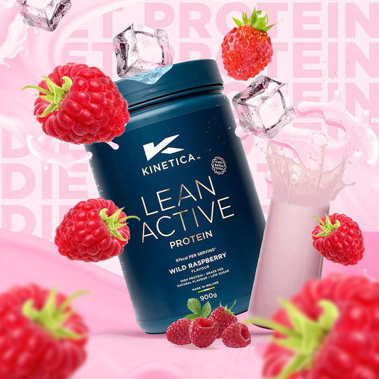 Kinetica Sports Lean Active Protein Powder - Wild Raspberry Flavour | 16G Protein/Serve, 36 Servings/900G Pack | High In Fibre & Protein With Green Tea Extract | Low In Fat & Sugar | Easy Mixability