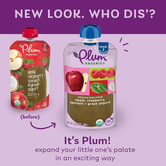 Plum Organics Stage 2 Organic Baby Food - Apple, Raspberry, Spinach, And Greek Yogurt - 3.5 Oz Pouch (Pack Of 12) - Organic Fruit And Vegetable Baby Food Pouch