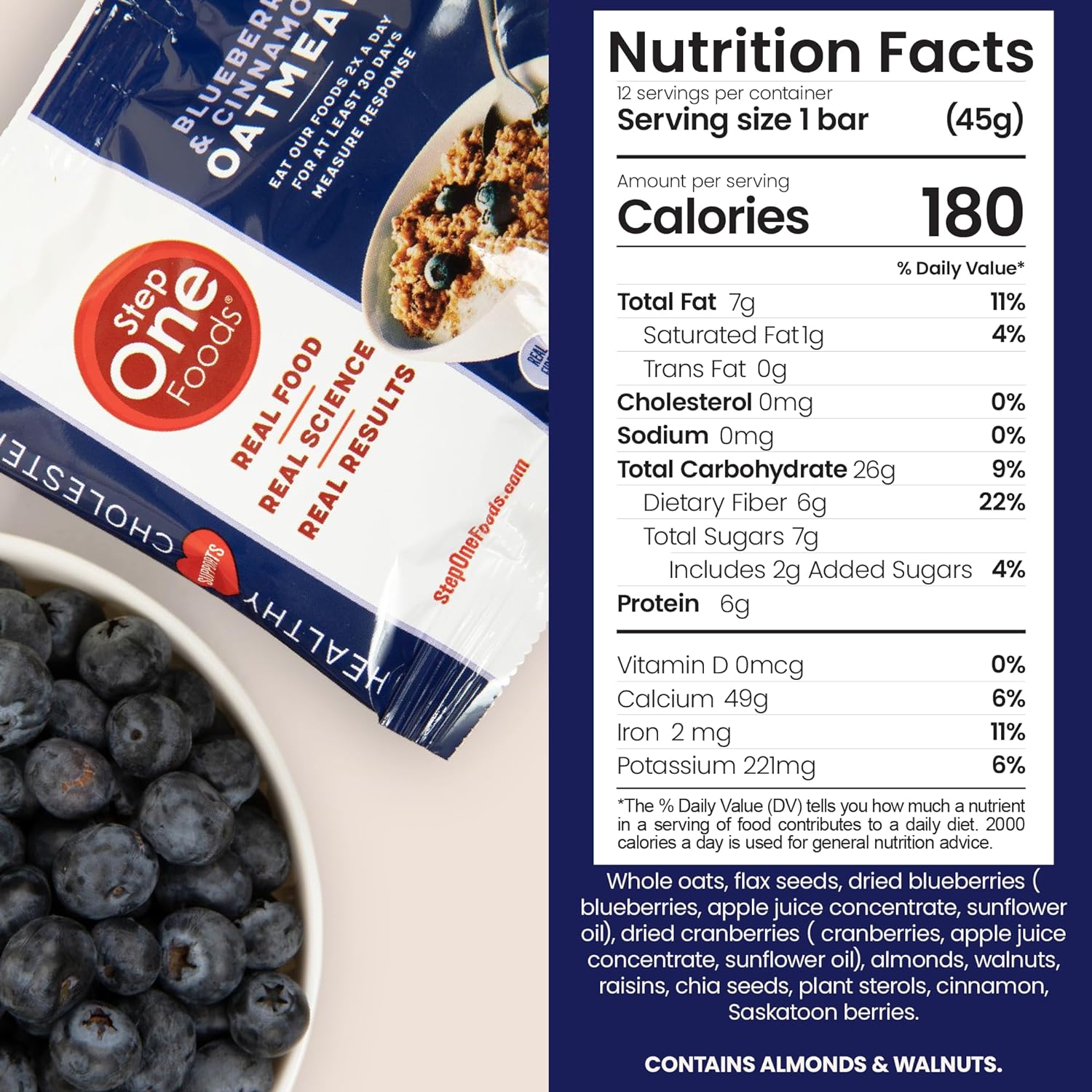 Step One Foods Blueberry Cinnamon Oatmeal, Heart Healthy Snack Plant Sterols, Omega 3'S And Dietary Fiber Gluten Free Vegan Oatmeal (12 Pack)