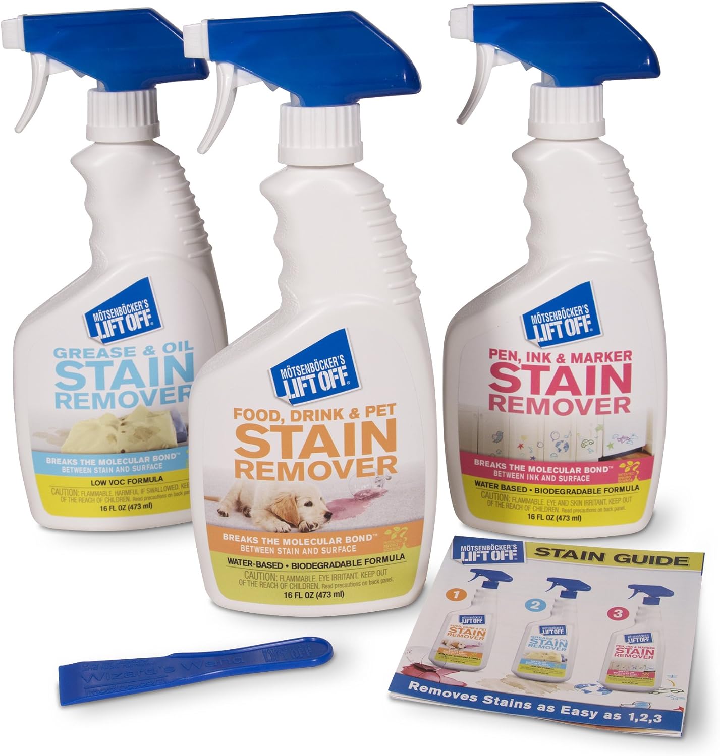 Motsenbocker’s Lift Off 99089 3-in-1 Stain Removal Kit 16-Ounce Spray Bottles Fast and Easy Removal of All Types of Stains Use for Pre-Wash Laundry Treatment Safe on Non-Washables Low VOCs, Set of 3