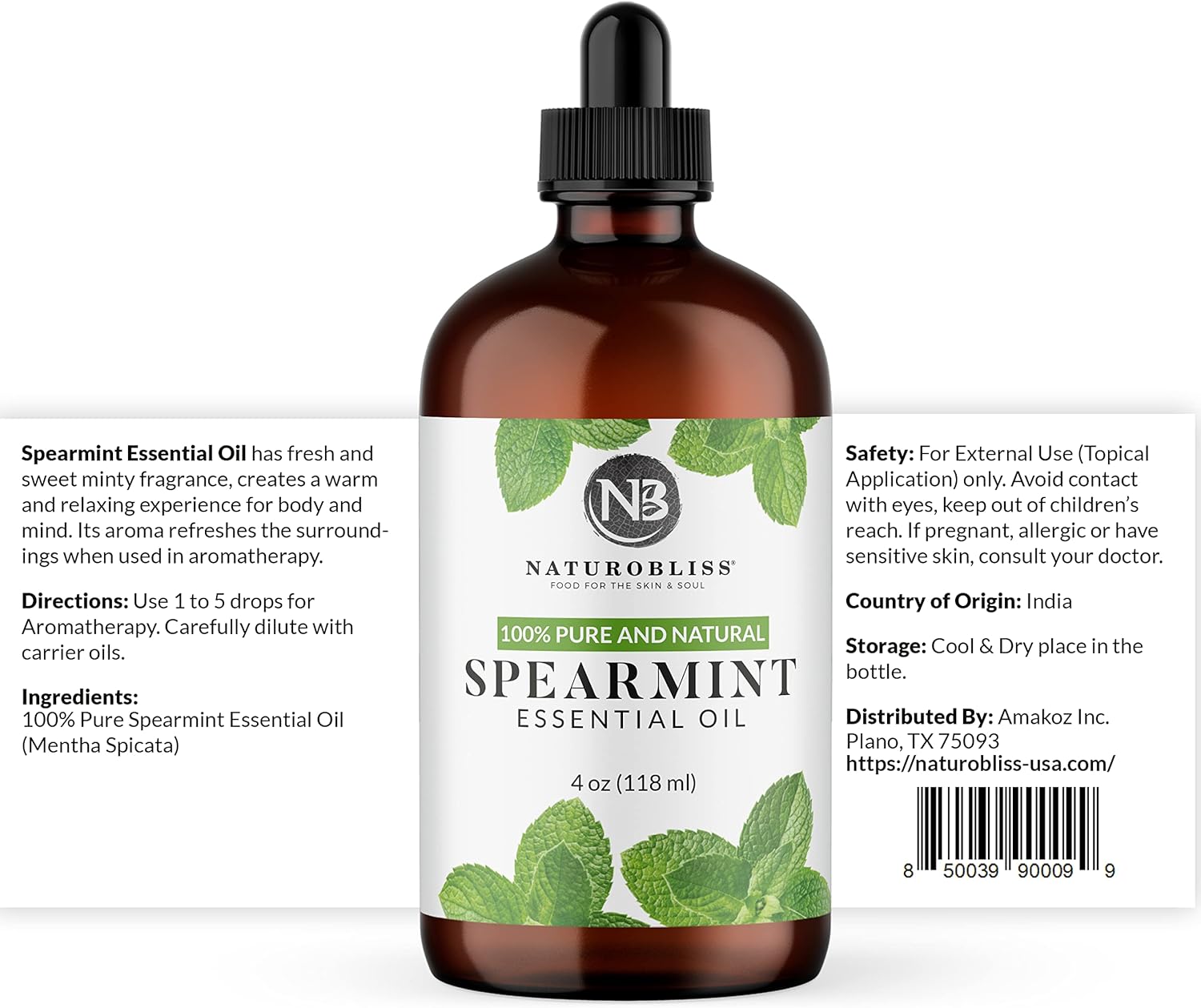 NaturoBliss Spearmint Essential Oil, 100% Pure and Natural Therapeutic Grade, Premium Quality Spearmint Oil, 4 fl. Oz - Perfect for Aromatherapy and Relaxation : Health & Household