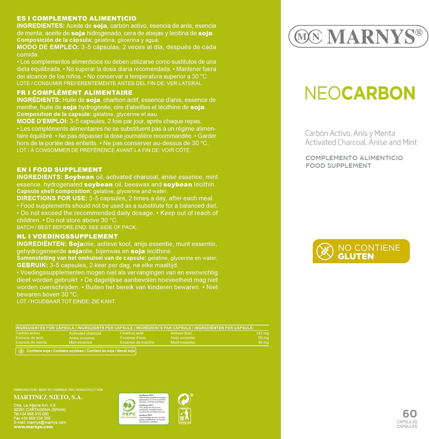 Marnys Active Charcoal And Anise And Mint Essences - Slimming Aid, To Eliminate Intestinal Gases, Relieves Bloating And Stomach Pain, Cleansing Supplement - 60 Capsules