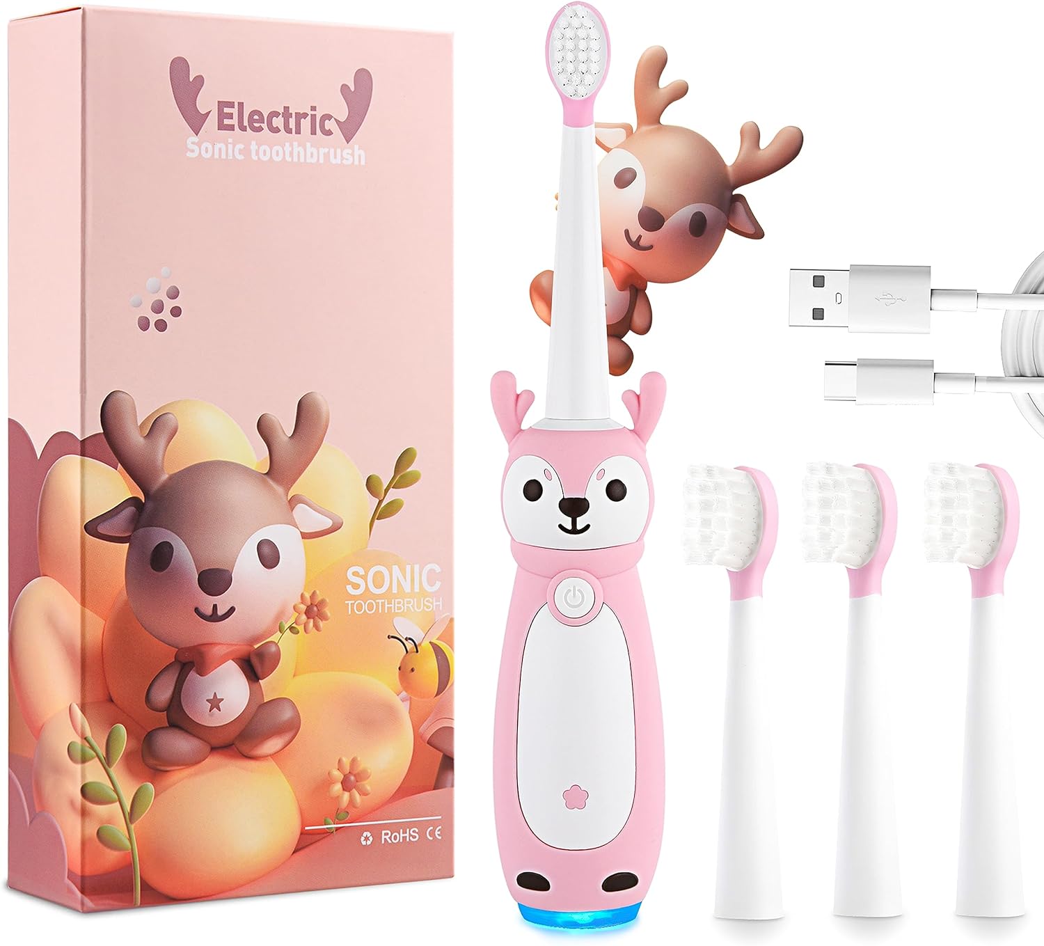 Vekkia Toddler Electric Toothbrush for Age 3+, 3 Memory Modes with LED Light, Toddler Toothbrush with Deer Shape and 2-Min Brushing Timer, 4 Soft Bristles(Pink)