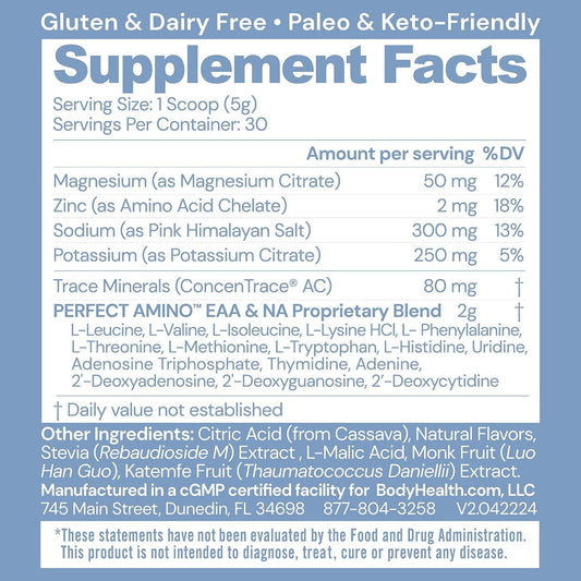 Bodyhealth Perfectamino Electrolytes Powder No Sugar, Hydration Fasting Keto Zero Sugar Electrolytes Drink Mix With Trace Minerals - Passion Fruit - 60 Servings