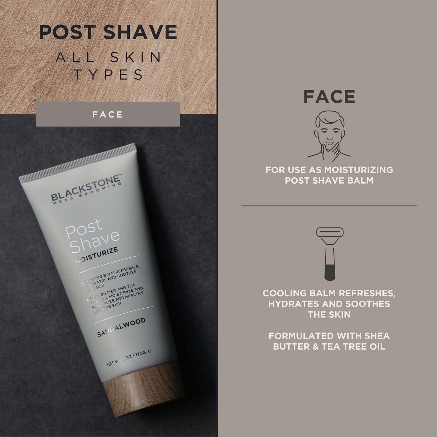 Blackstone Men'S Grooming Post Shave Moisturizer With Tea Tree Oil, Shea Butter, Vitamin E, & Aloe | Soothing Cooling Balm | Cruelty & Paraben Free | Made In Usa | Sandalwood (6 Oz) : Beauty & Personal Care