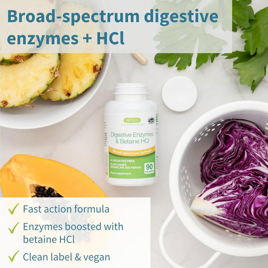 Advanced Digestive Enzymes & Betaine Hcl, With Protease, Broad Spectrum, Lipase & Lactase, Plant-Based Vegan Papain & Bromelain, Clean Label, 90 Capsules, By Igennus