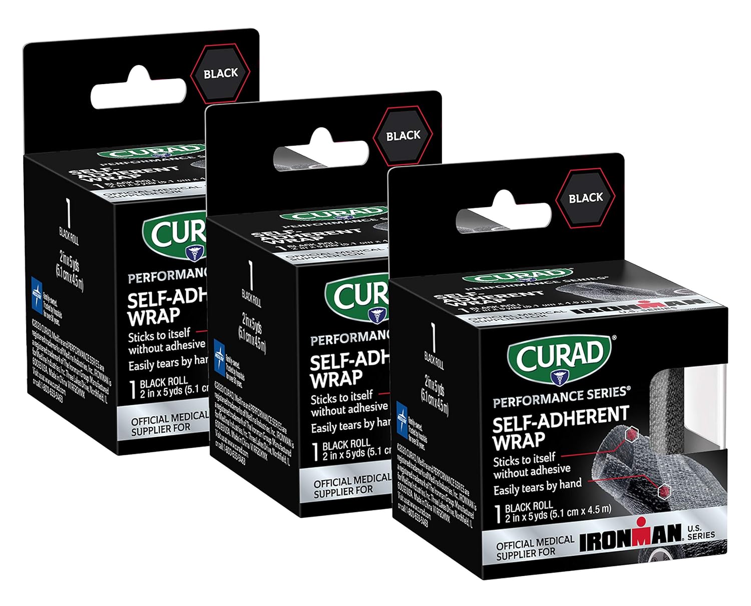 Curad Ironman Self-Adherent Athletic Wrap, Official Ironman Medical Supplier, Black, 2 Inches X 5 Yards, Compression Support For Sports Injuries, Joint Stability, And Muscle Recovery, 3 Count